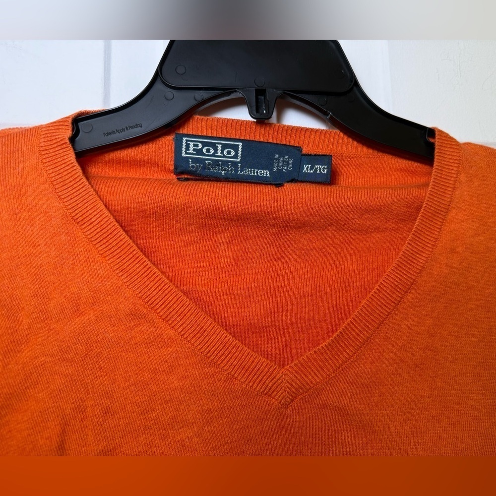 Polo Ralph Lauren Sweater Men's XL 100% Pima Cotton Orange Blue Pony V-Neck EUC - Picture 5 of 9